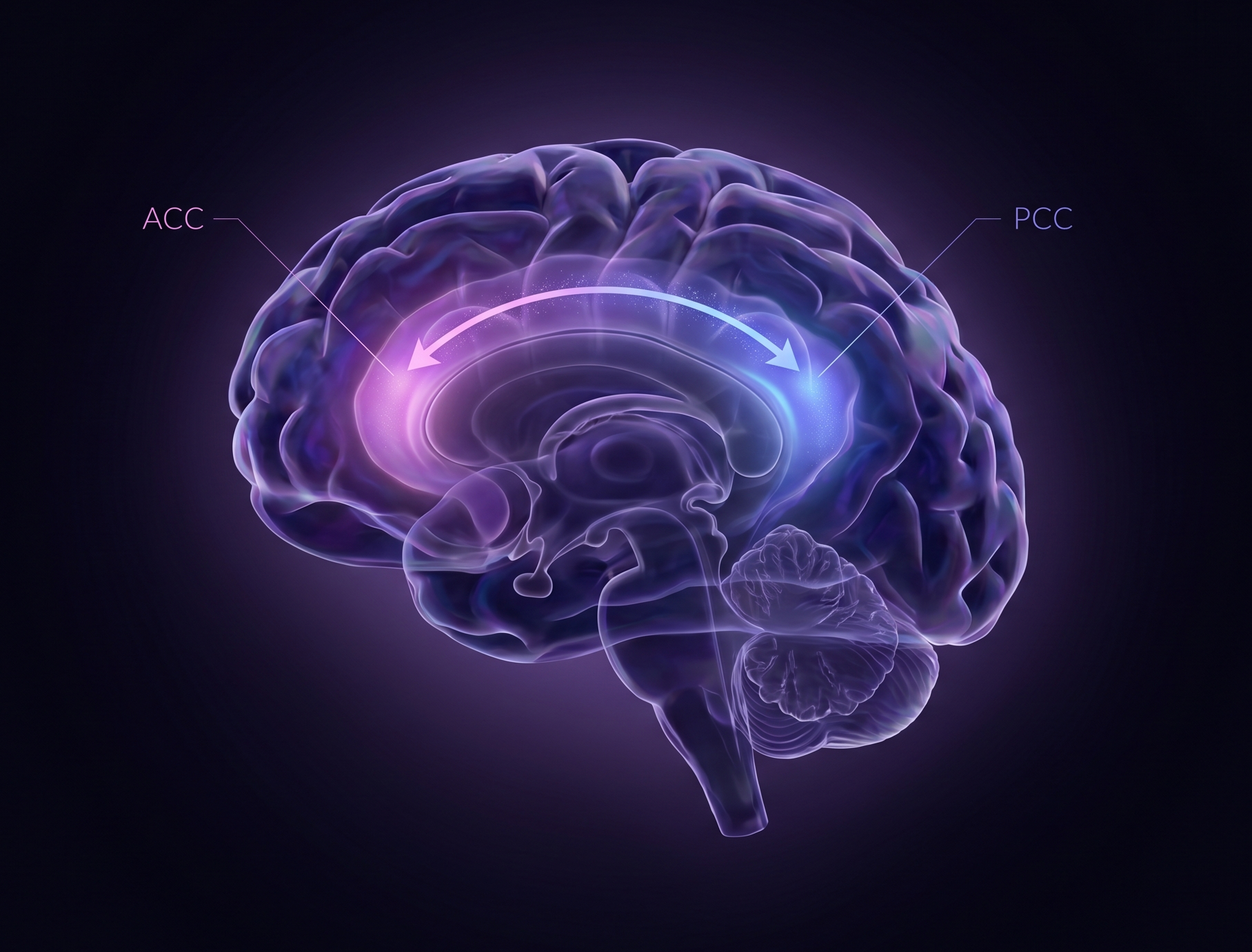 Sagittal brain diagram showing the Anterior Cingulate Cortex (ACC) and Posterior Cingulate Cortex (PCC) connected by an arcing double-arrow.